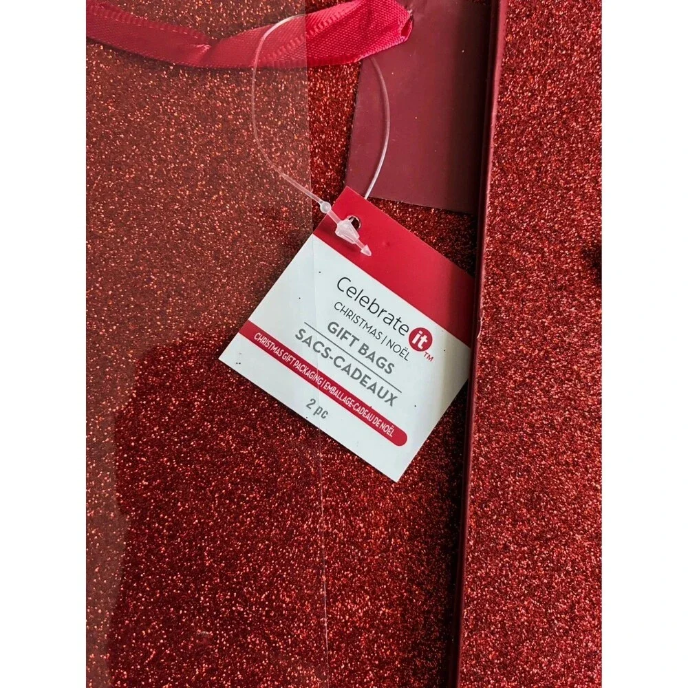 Set of 8 Red Glitter Christmas Gift Bags Holiday Present Bags Sparkly